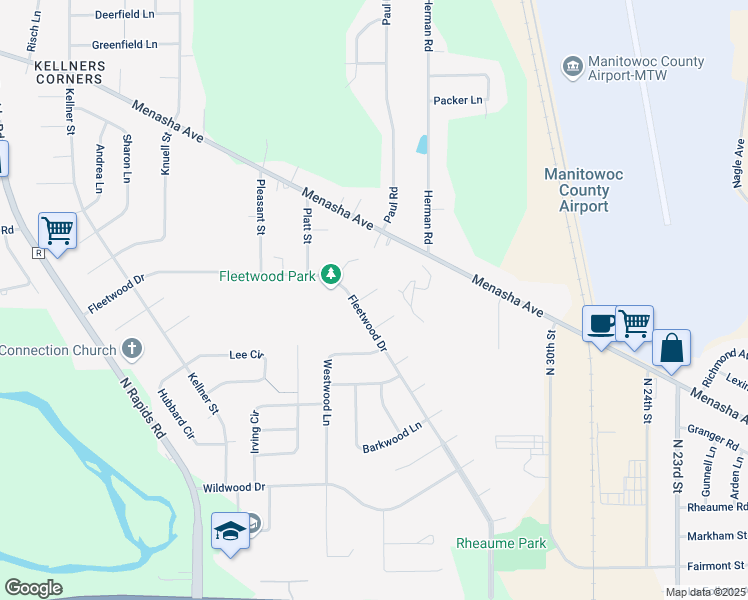 map of restaurants, bars, coffee shops, grocery stores, and more near 3511 Foxfire Court in Manitowoc
