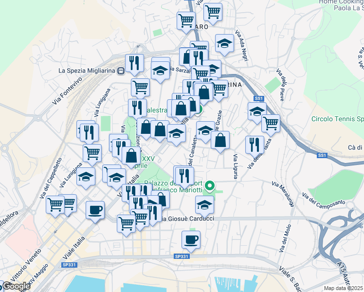 map of restaurants, bars, coffee shops, grocery stores, and more near Via Carlo Alberto Naef in La Spezia