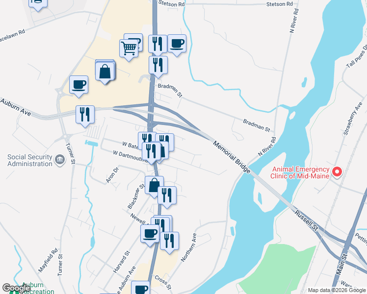 map of restaurants, bars, coffee shops, grocery stores, and more near 32 Braman Street in Auburn