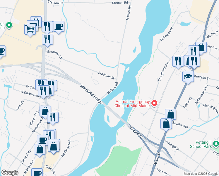 map of restaurants, bars, coffee shops, grocery stores, and more near 448 North River Road in Auburn