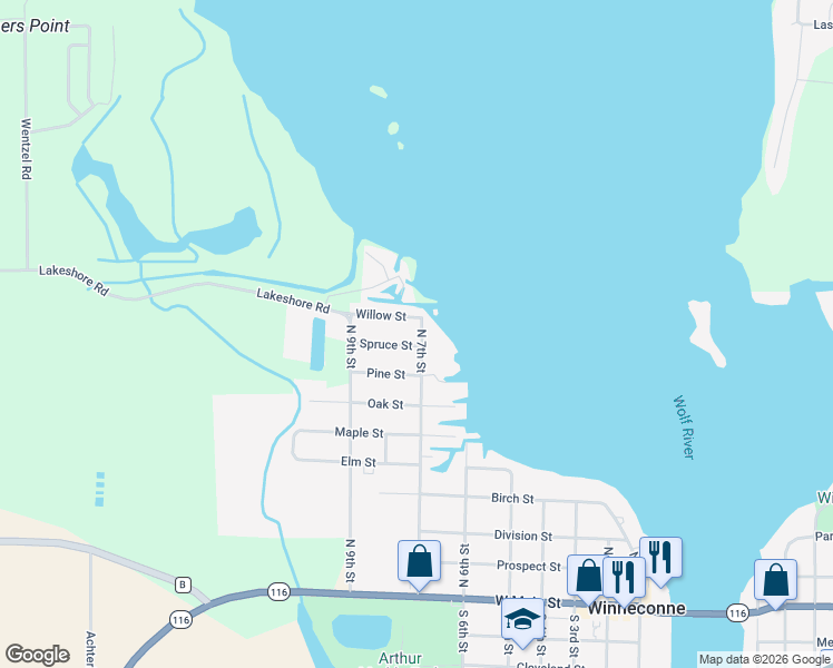 map of restaurants, bars, coffee shops, grocery stores, and more near 725 North 7th Street in Winneconne