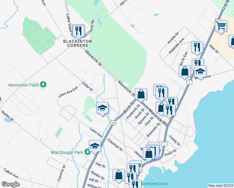 map of restaurants, bars, coffee shops, grocery stores, and more near 171 North Main Street in Rockland