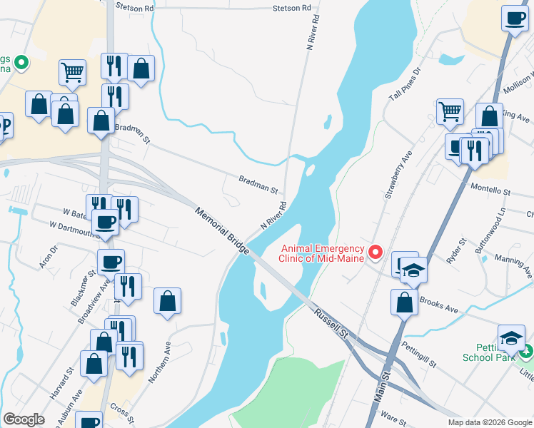 map of restaurants, bars, coffee shops, grocery stores, and more near 448 North River Road in Auburn