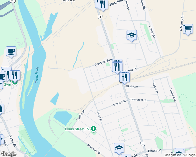 map of restaurants, bars, coffee shops, grocery stores, and more near 36 North Murray Street in Quinte West