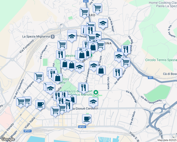 map of restaurants, bars, coffee shops, grocery stores, and more near Via Carlo Alberto Naef in La Spezia