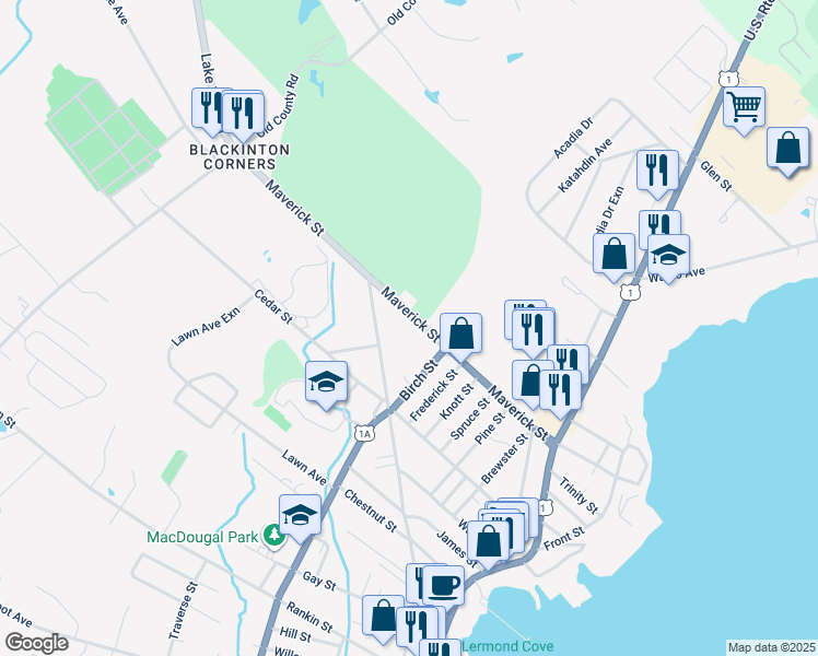 map of restaurants, bars, coffee shops, grocery stores, and more near 171 North Main Street in Rockland