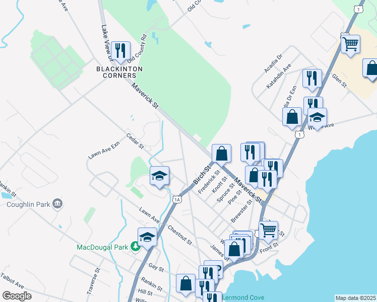 map of restaurants, bars, coffee shops, grocery stores, and more near 171 North Main Street in Rockland