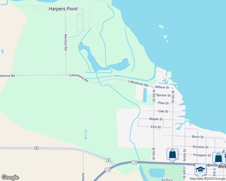 map of restaurants, bars, coffee shops, grocery stores, and more near 6595 Lakeshore Road in Winneconne