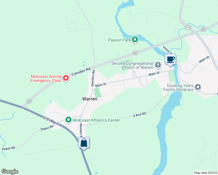 map of restaurants, bars, coffee shops, grocery stores, and more near 59 Main Street in Warren