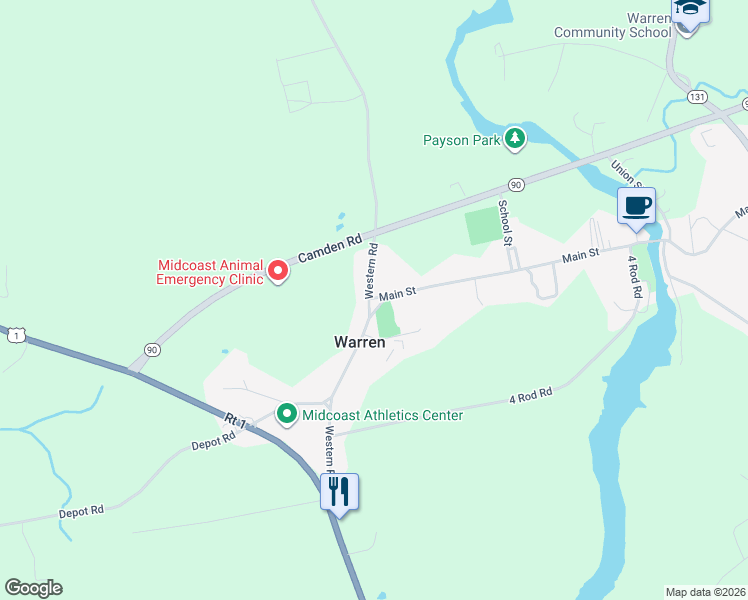 map of restaurants, bars, coffee shops, grocery stores, and more near 253 Western Road in Warren