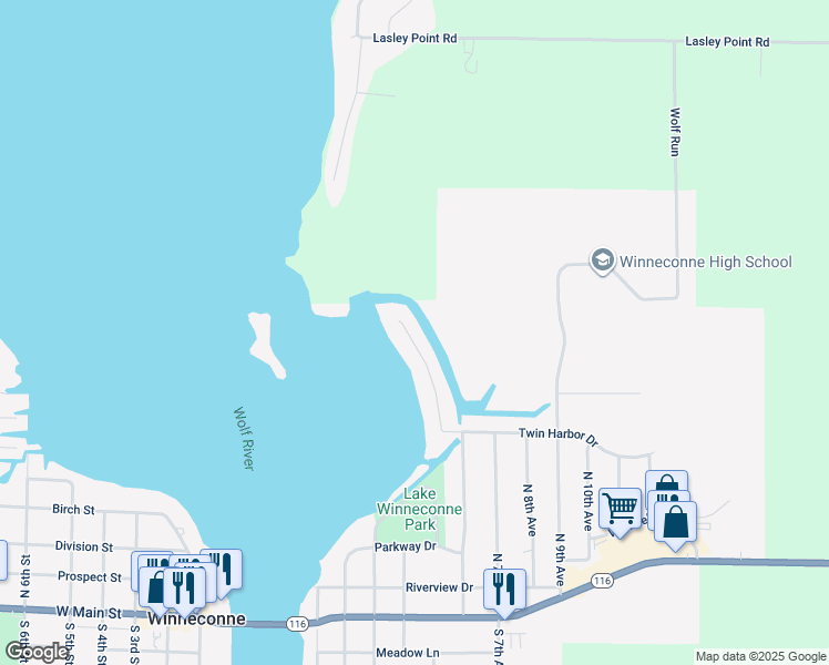 map of restaurants, bars, coffee shops, grocery stores, and more near 245 Twin Harbor Drive in Winneconne