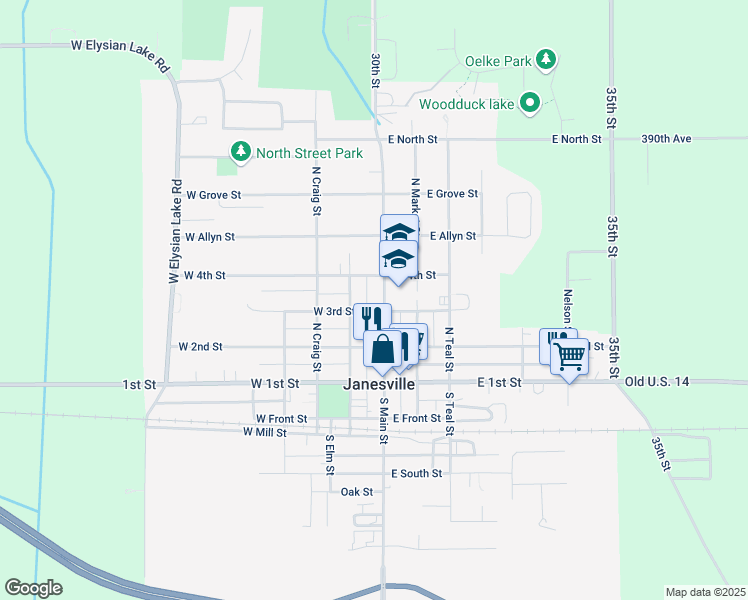 map of restaurants, bars, coffee shops, grocery stores, and more near 410 North Main Street in Janesville