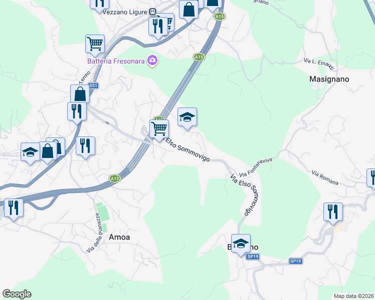 map of restaurants, bars, coffee shops, grocery stores, and more near 3 Via Fosella in Arcola
