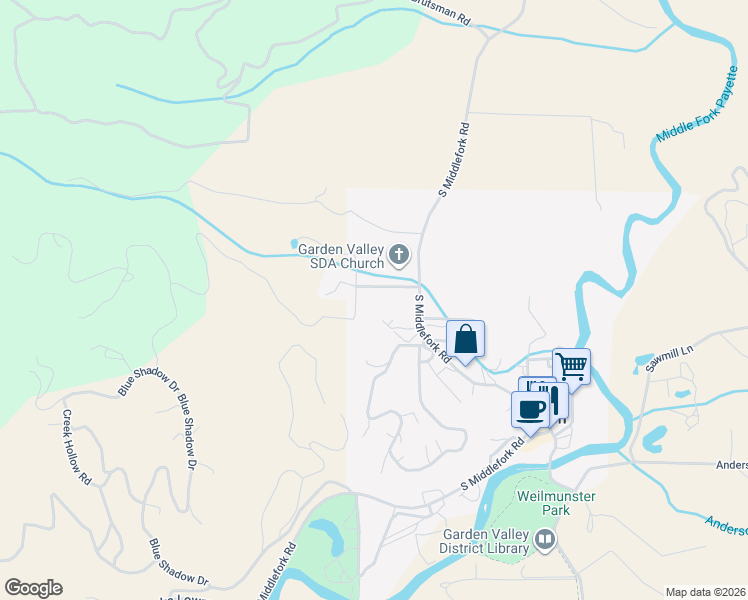 map of restaurants, bars, coffee shops, grocery stores, and more near 107 West Castle Creek Road in Garden Valley