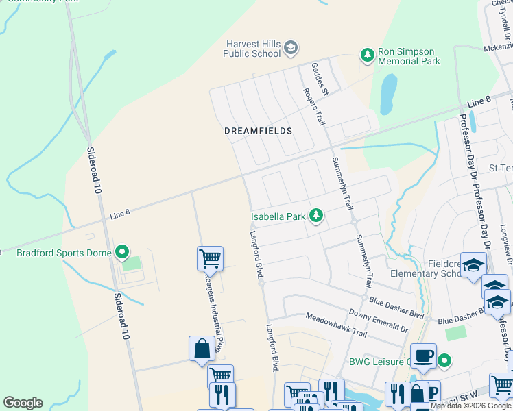 map of restaurants, bars, coffee shops, grocery stores, and more near 158 Scarlet Way in Bradford West Gwillimbury
