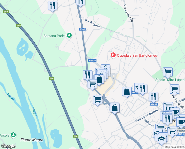 map of restaurants, bars, coffee shops, grocery stores, and more near 11 Via Radetta in Sarzana