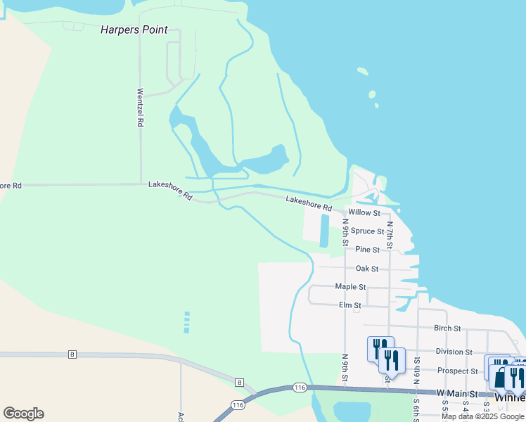 map of restaurants, bars, coffee shops, grocery stores, and more near 6595 Lakeshore Road in Winneconne