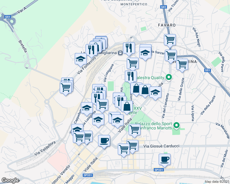 map of restaurants, bars, coffee shops, grocery stores, and more near Via Bologna in La Spezia