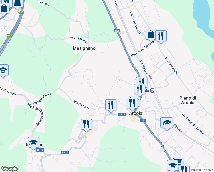 map of restaurants, bars, coffee shops, grocery stores, and more near 38 Via Gaggiano in Arcola