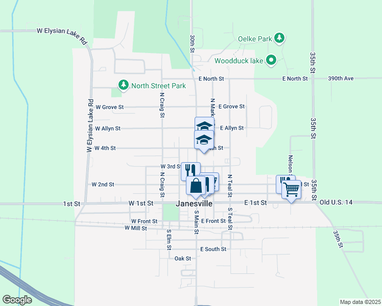 map of restaurants, bars, coffee shops, grocery stores, and more near 410 North Main Street in Janesville