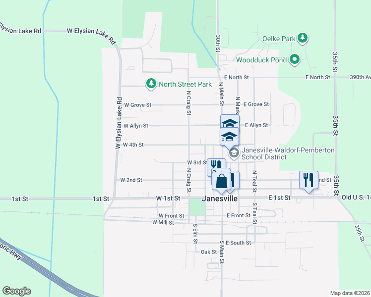map of restaurants, bars, coffee shops, grocery stores, and more near 305 West 4th Street in Janesville