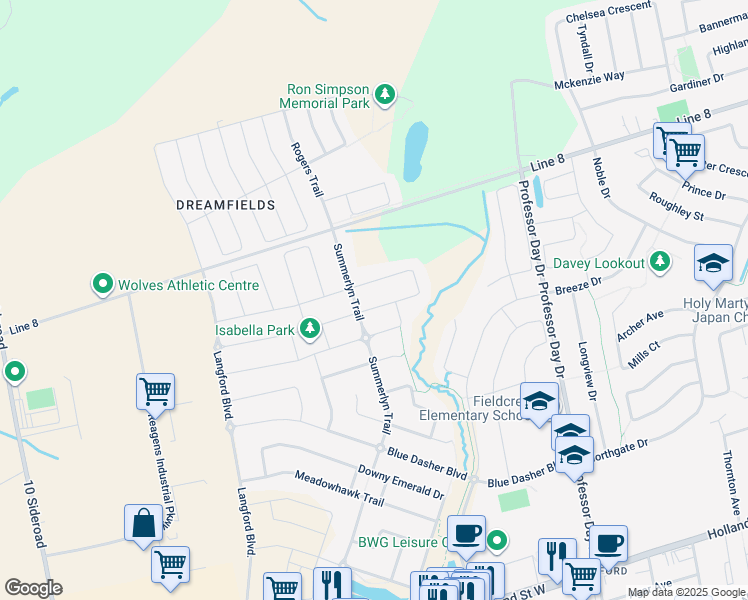 map of restaurants, bars, coffee shops, grocery stores, and more near in Bradford West Gwillimbury