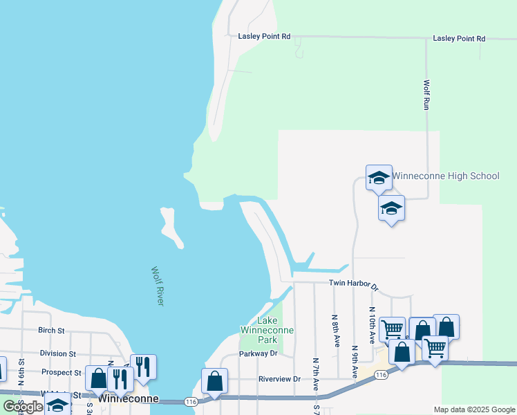 map of restaurants, bars, coffee shops, grocery stores, and more near 245 Twin Harbor Dr in Winneconne