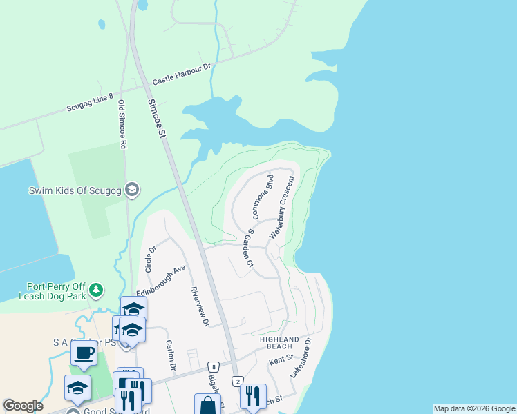 map of restaurants, bars, coffee shops, grocery stores, and more near 15 Commons Boulevard in Port Perry