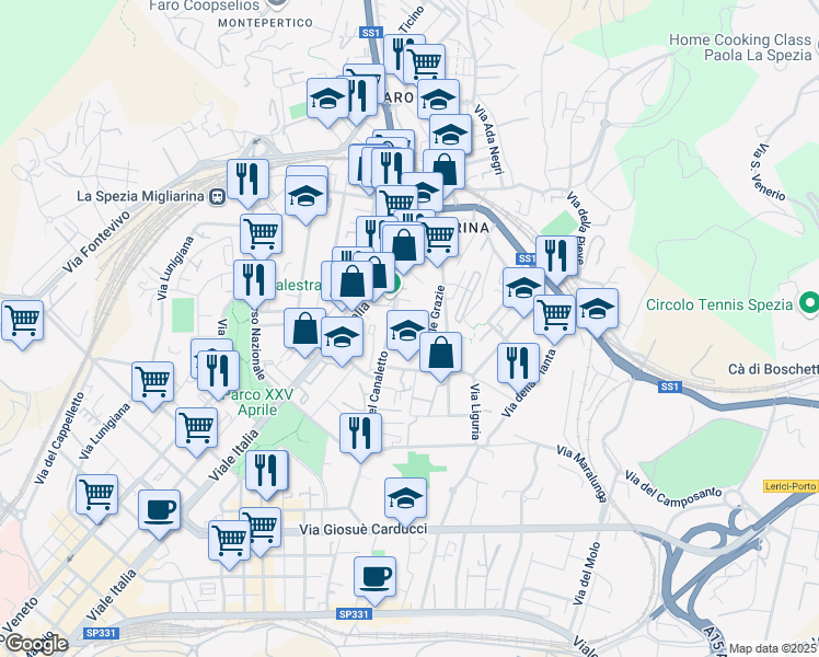 map of restaurants, bars, coffee shops, grocery stores, and more near 25 Via Giacomo Bracelli in La Spezia