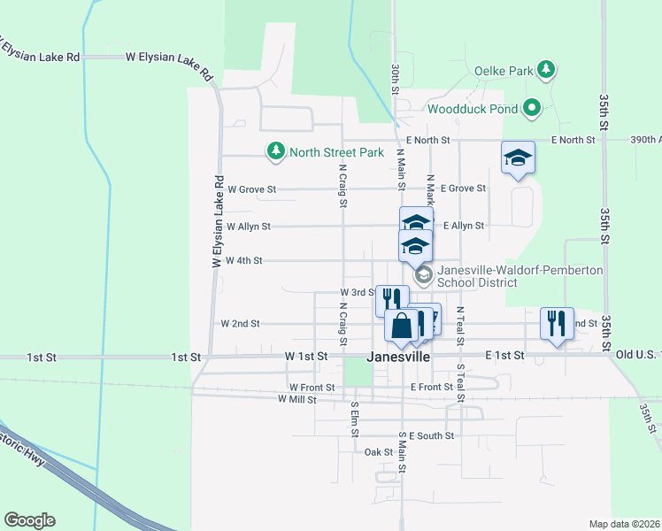 map of restaurants, bars, coffee shops, grocery stores, and more near 305 West 4th Street in Janesville