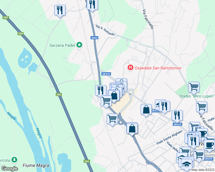 map of restaurants, bars, coffee shops, grocery stores, and more near 11 Via Radetta in Sarzana