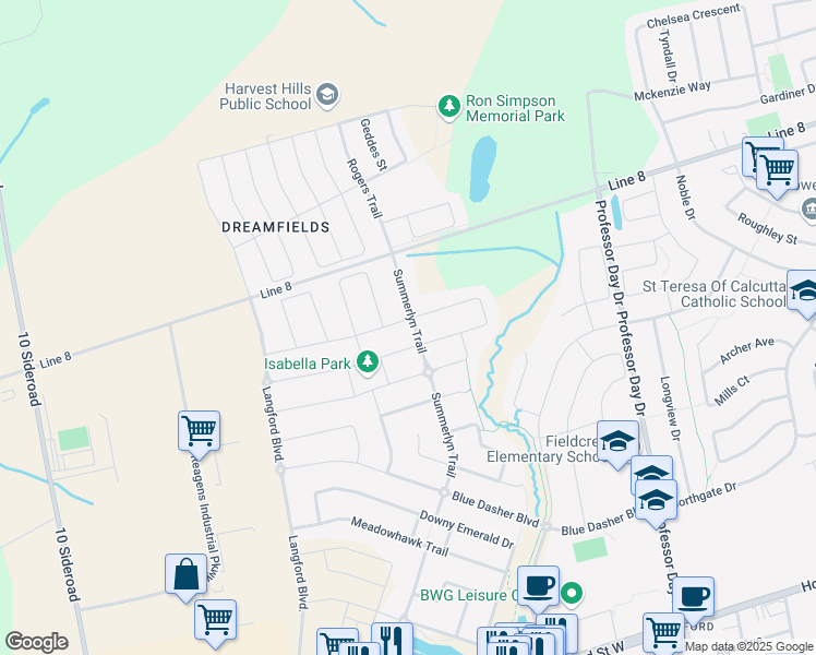 map of restaurants, bars, coffee shops, grocery stores, and more near 1 Scarlet Way in Bradford West Gwillimbury
