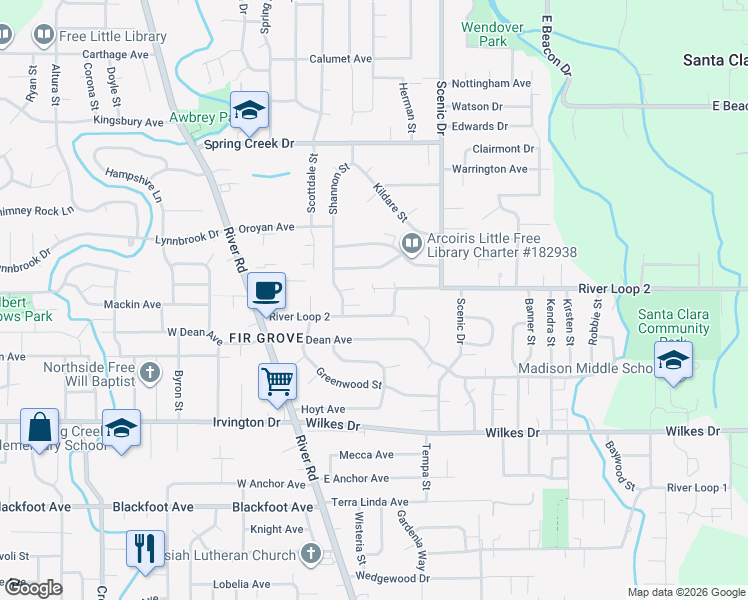 map of restaurants, bars, coffee shops, grocery stores, and more near 360 North Grove Court in Eugene