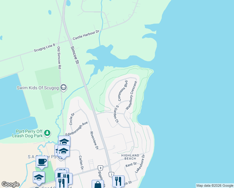 map of restaurants, bars, coffee shops, grocery stores, and more near 15 Commons Boulevard in Port Perry