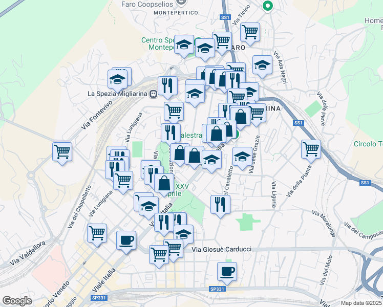 map of restaurants, bars, coffee shops, grocery stores, and more near 12 Stradone D'Oria in La Spezia