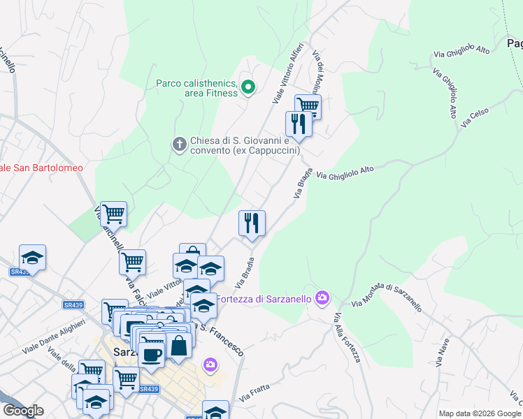 map of restaurants, bars, coffee shops, grocery stores, and more near 62 Via dei Molini in Sarzana