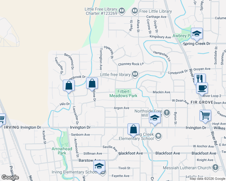 map of restaurants, bars, coffee shops, grocery stores, and more near 3928 Hyacinth Street in Eugene