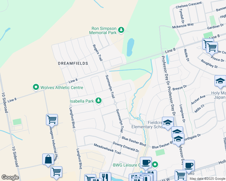 map of restaurants, bars, coffee shops, grocery stores, and more near 1 Scarlet Way in Bradford West Gwillimbury