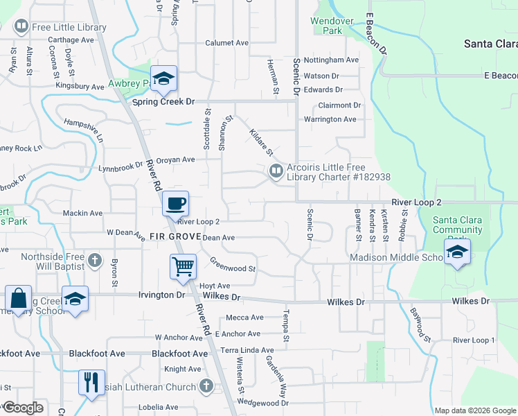 map of restaurants, bars, coffee shops, grocery stores, and more near 360 North Grove Court in Eugene