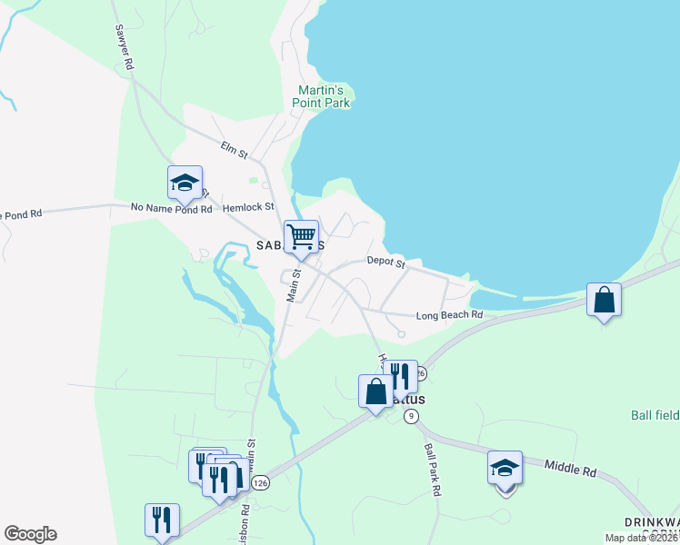 map of restaurants, bars, coffee shops, grocery stores, and more near 55 Depot Street in Sabattus