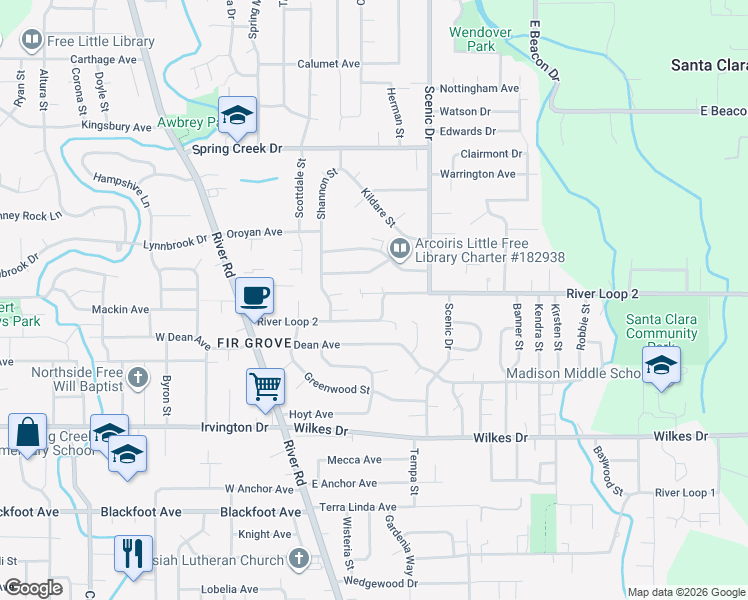 map of restaurants, bars, coffee shops, grocery stores, and more near 360 North Grove Court in Eugene