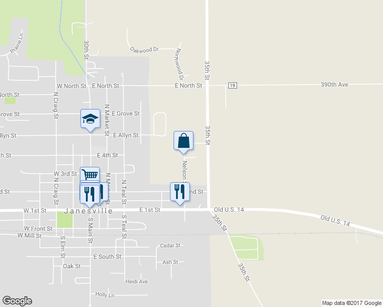 map of restaurants, bars, coffee shops, grocery stores, and more near 602 Nelson Court in Janesville