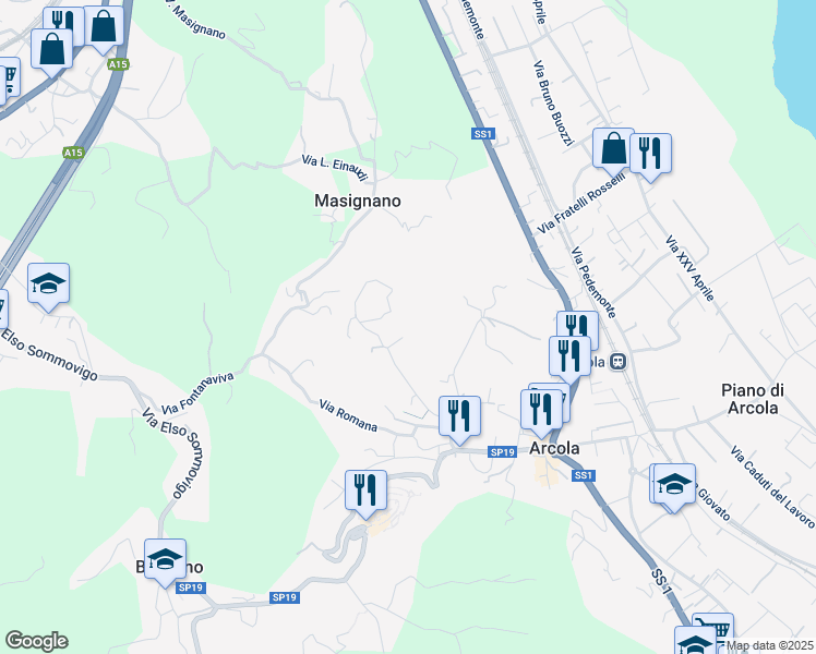 map of restaurants, bars, coffee shops, grocery stores, and more near 38 Via Gaggiano in Arcola