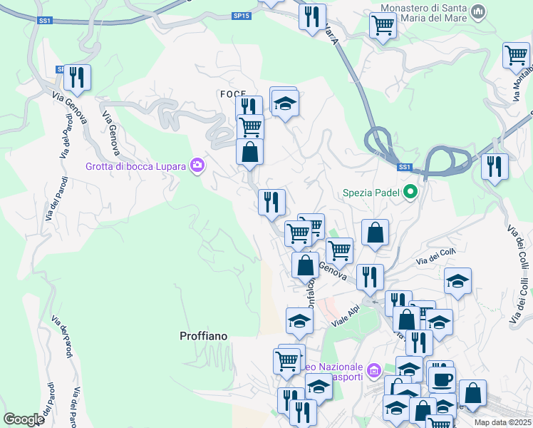 map of restaurants, bars, coffee shops, grocery stores, and more near 203 Via Genova in La Spezia