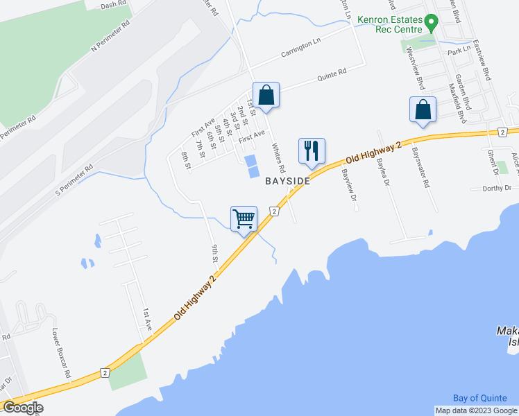 map of restaurants, bars, coffee shops, grocery stores, and more near 621 Old Highway 2 in Quinte West