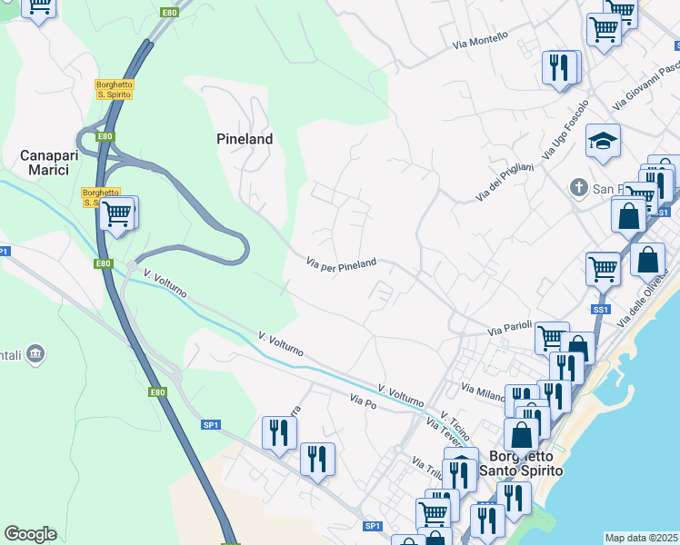 map of restaurants, bars, coffee shops, grocery stores, and more near 25 Via Frassino in Provincia di Savona