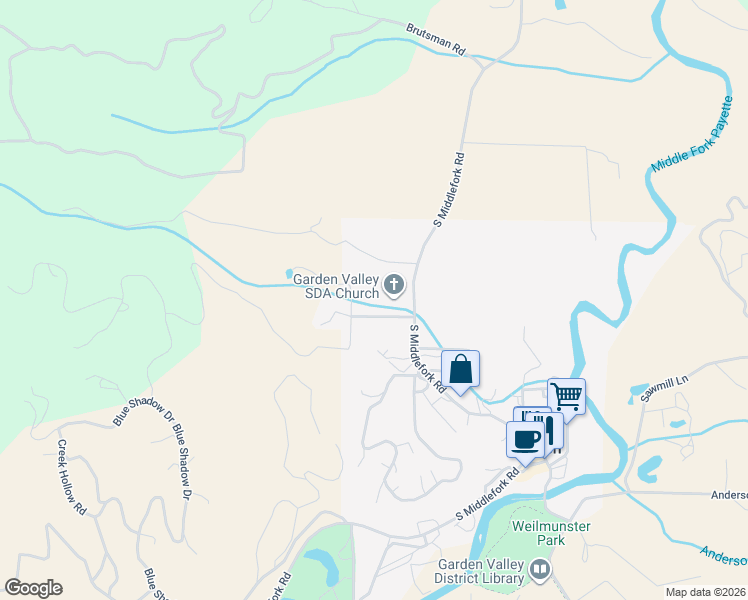 map of restaurants, bars, coffee shops, grocery stores, and more near 107 West Castle Creek Road in Garden Valley