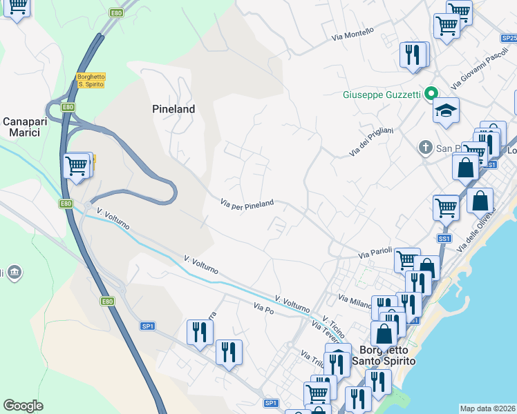 map of restaurants, bars, coffee shops, grocery stores, and more near 25 Via Frassino in Provincia di Savona