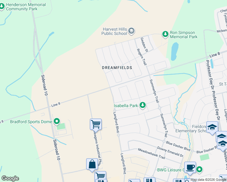 map of restaurants, bars, coffee shops, grocery stores, and more near 945 Langford Boulevard in Bradford West Gwillimbury