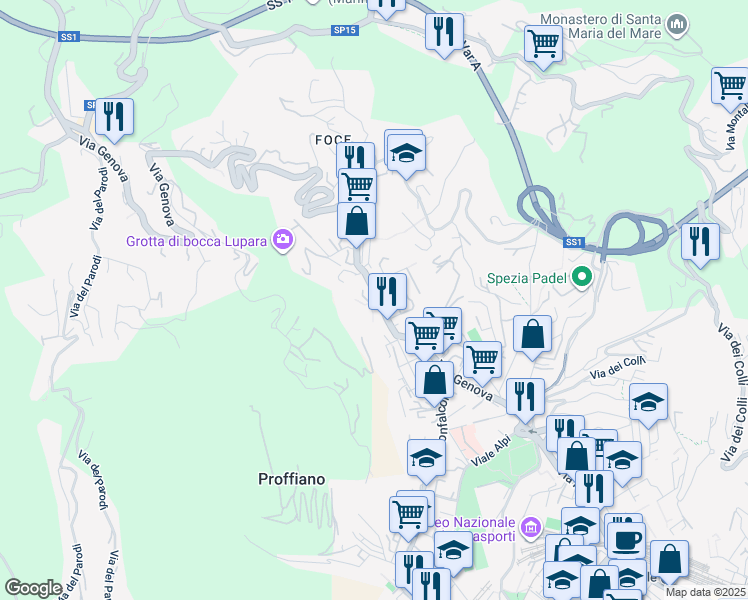 map of restaurants, bars, coffee shops, grocery stores, and more near 203 Via Genova in La Spezia